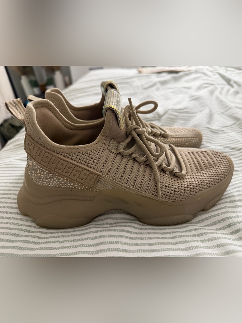 Steve Madden Women's Beige Knit Platform Sneakers with Rhinestone Accent